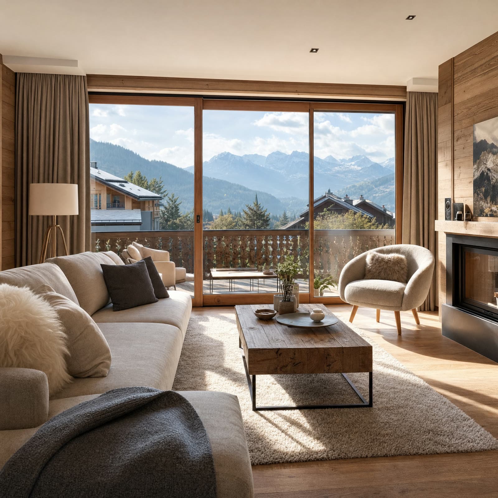 Séjour avec baie vitrée et vue sur les Alpes