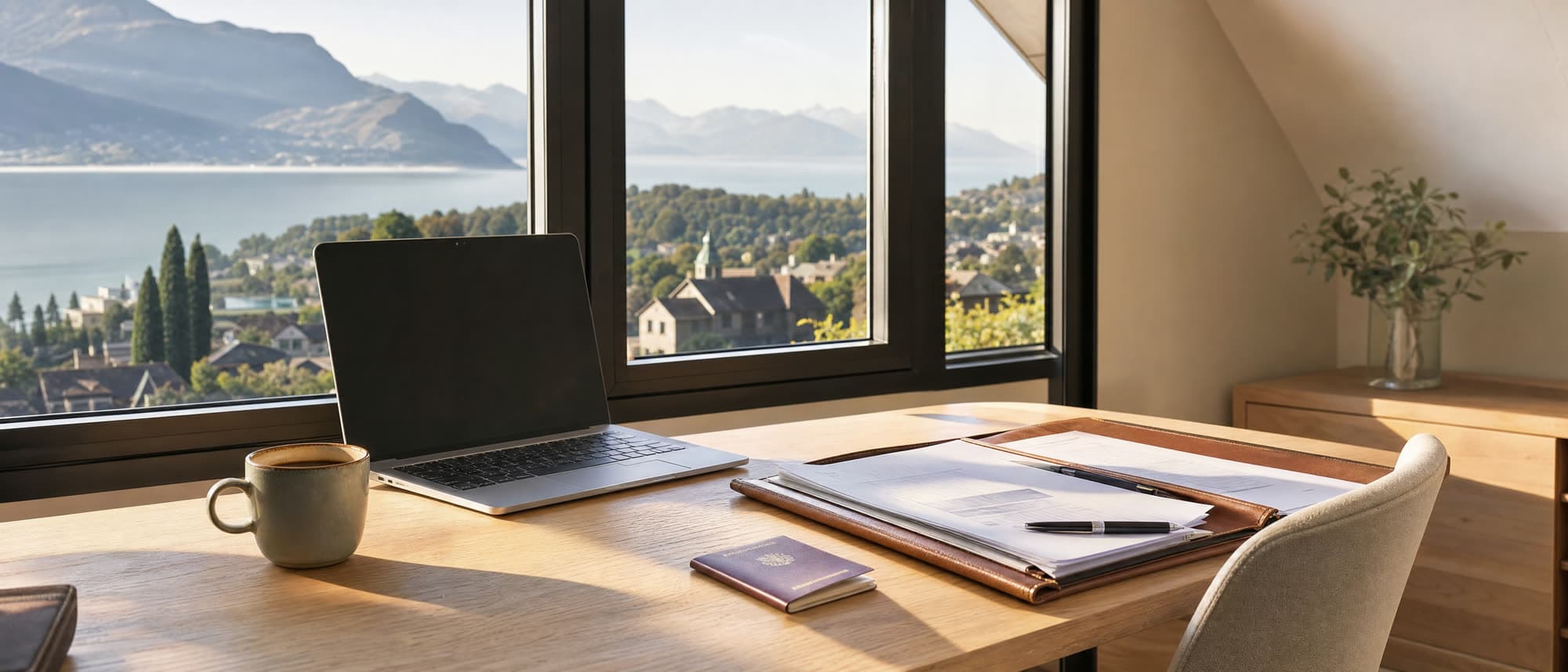 Bureau avec ordinateur, dossier et passeport