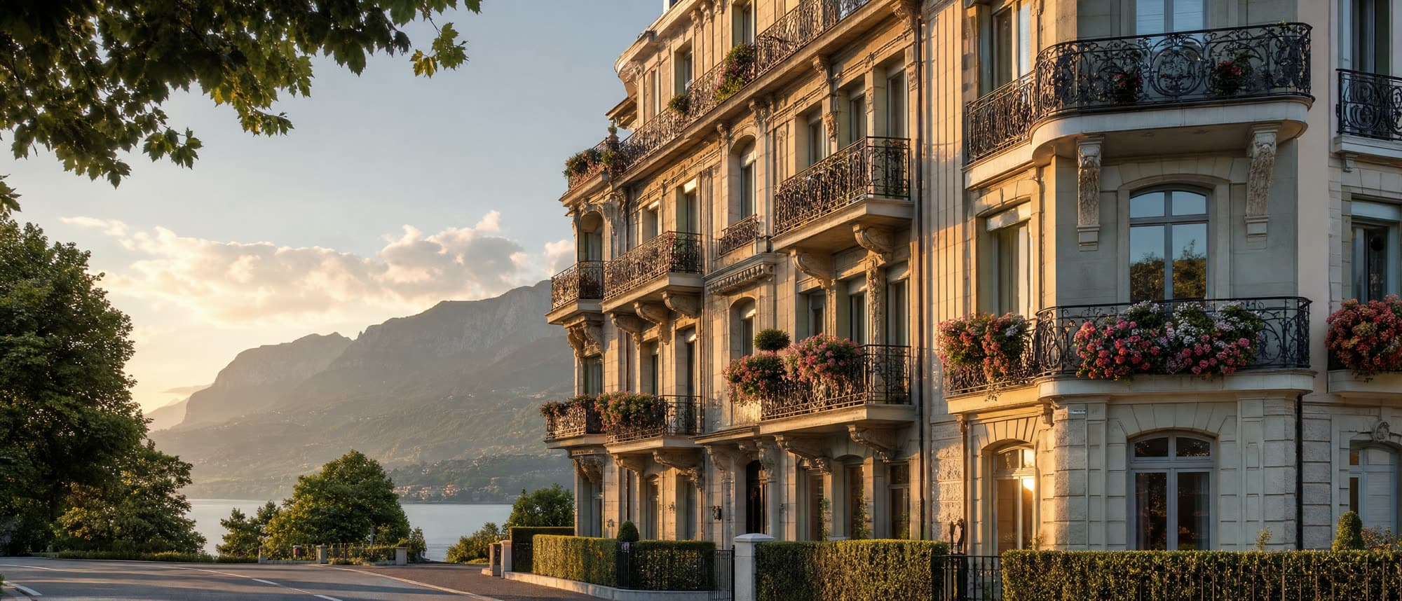 Façade d'immeuble résidentiel au soleil couchant, les Alpes en fond
